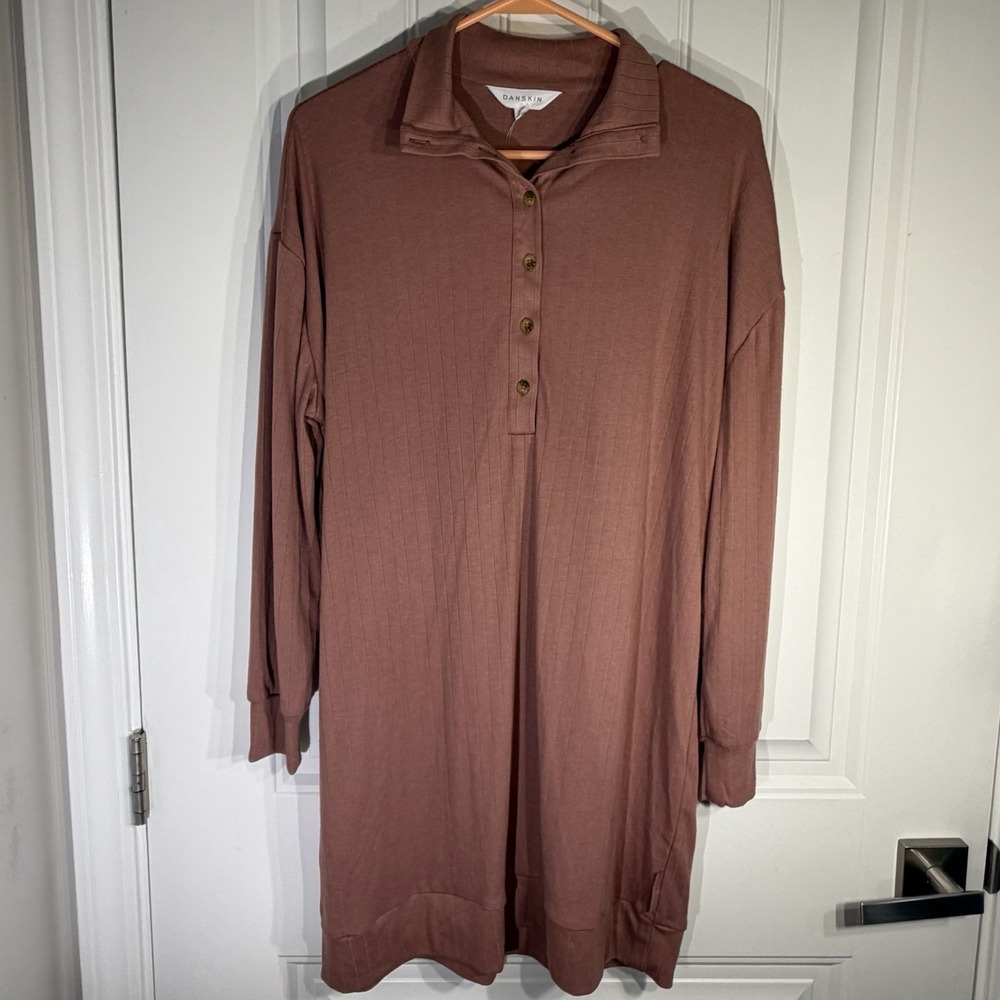 Danskin Ribbed Polo Lounge Dress‎ Mauve Long Sleeve Athleisure Midi Dress Medium